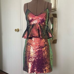 Pink iridescent sequin peplum dress NWT